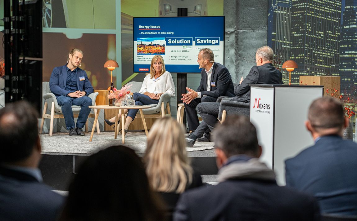 Nexans Climate Day. From the left: Thomas Linderholm Energy Specialist Fabege, Anna Graaf Director of Sustainability White Arkitekter, Lars Josefsson CEO Nexans Sweden and Tomas Kåberger Professor at Chalmers University of Technology.